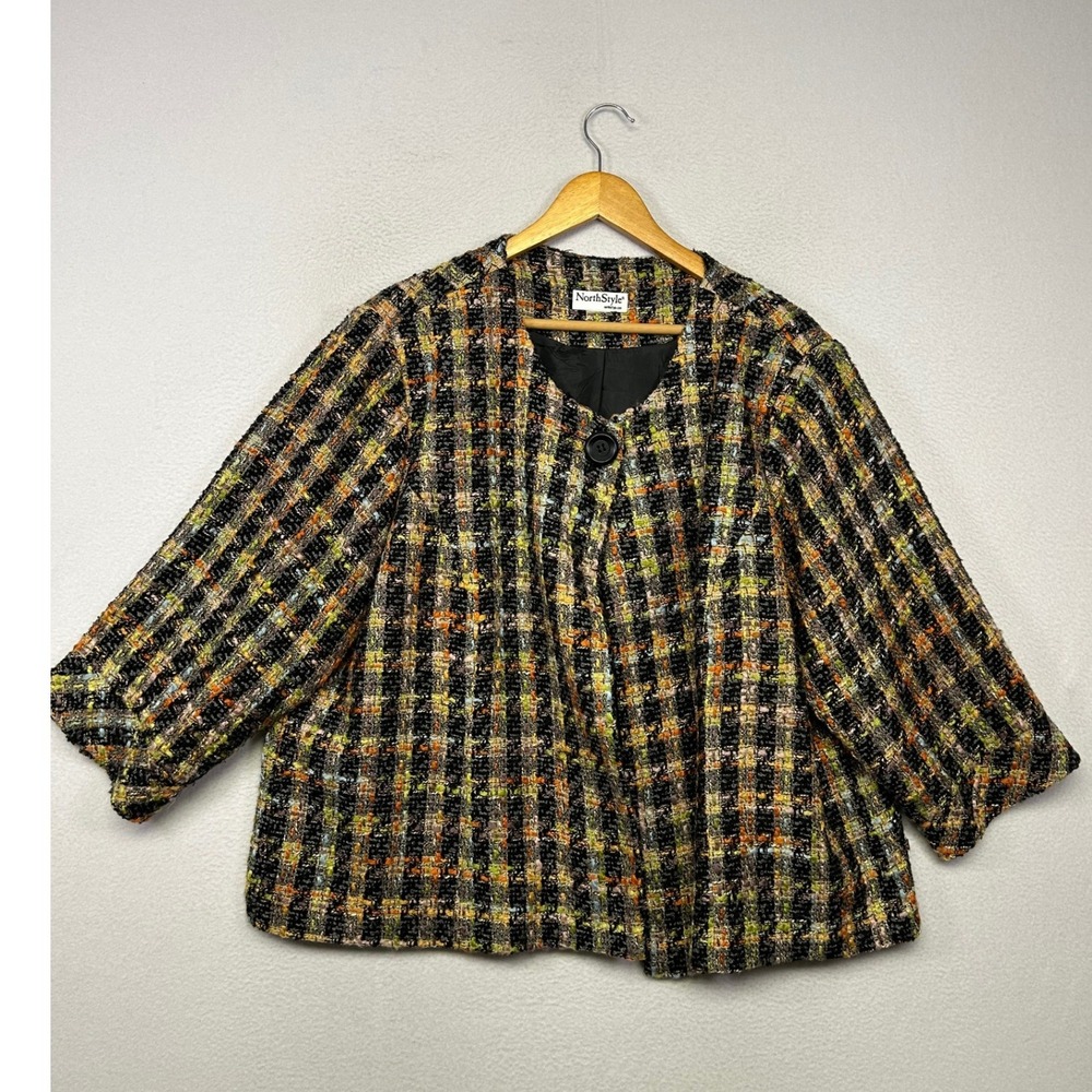 Tweed Boucle NorthStyle Womens XL Multicolor Plaid Sequin Single Button Jacket